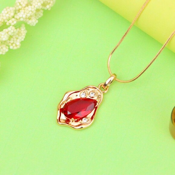 "Elegant Red Teardrop Pendant with Gold Plated Irregular Frame, XPPT1729 - Picture 13 of 13